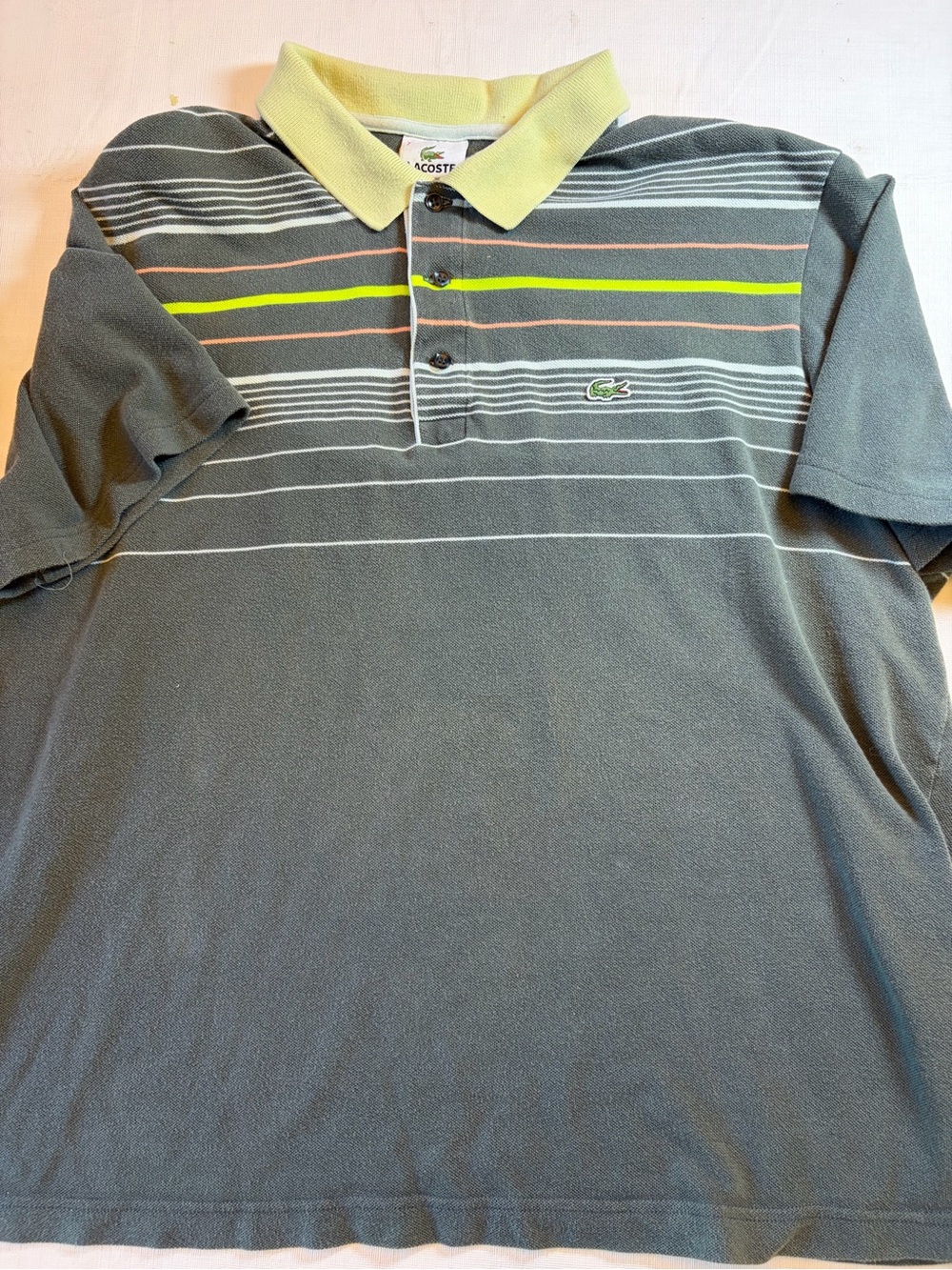 Lacoste Grey Polo with Yellow Collar and Neon Stripe